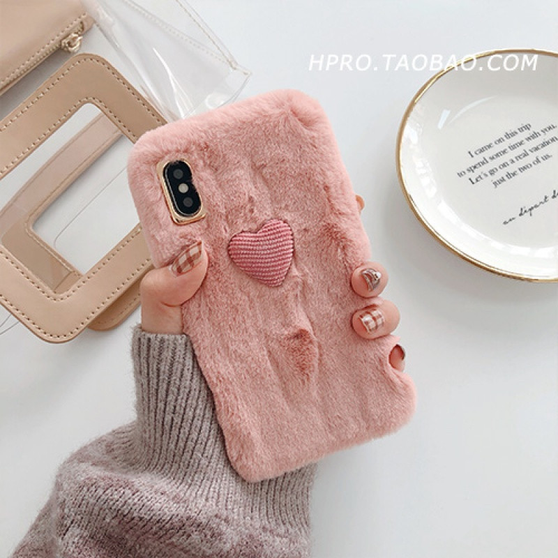 爱心毛绒壳8plus苹果x手机壳XSMax/XR/iPhoneX/7p/6女iphone iPhoneX/XS粉色