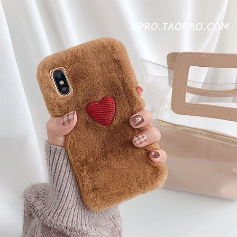 爱心毛绒壳8plus苹果x手机壳XSMax/XR/iPhoneX/7p/6女iphone iPhone7/8棕色
