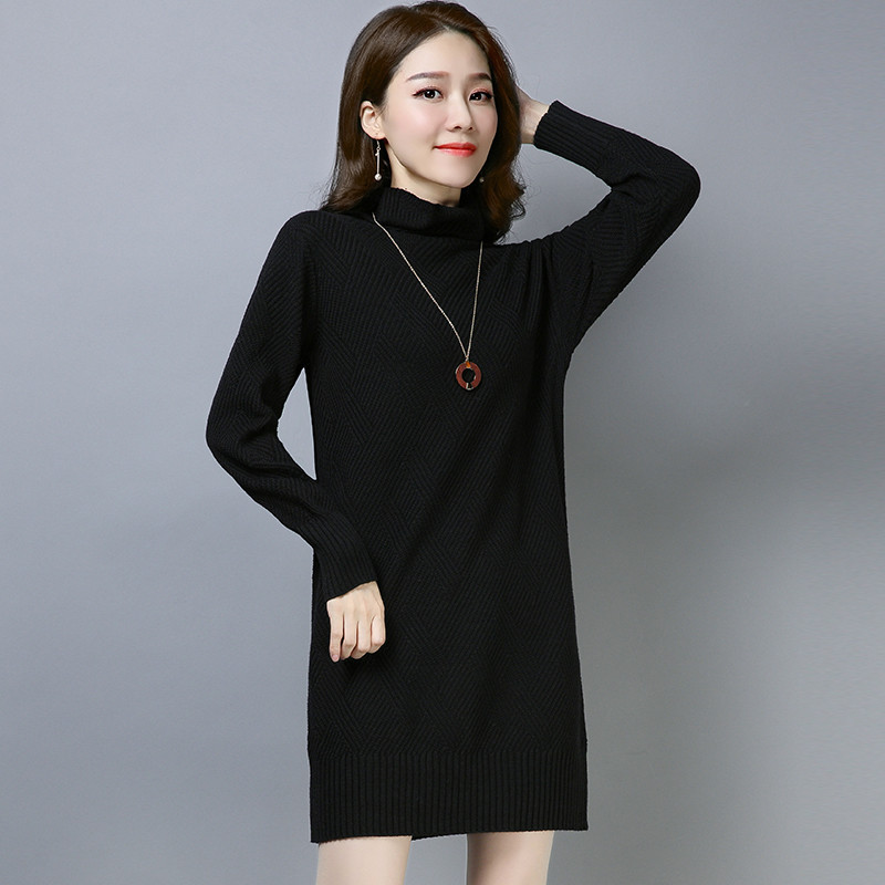 秋冬新款高领100%羊绒衫女纯山羊绒衫中长款堆堆领套头毛衣修身显瘦时尚保暖大码针织衫打底衫貂绒加厚纯羊绒长款毛衣连衣裙 XL 196黑色