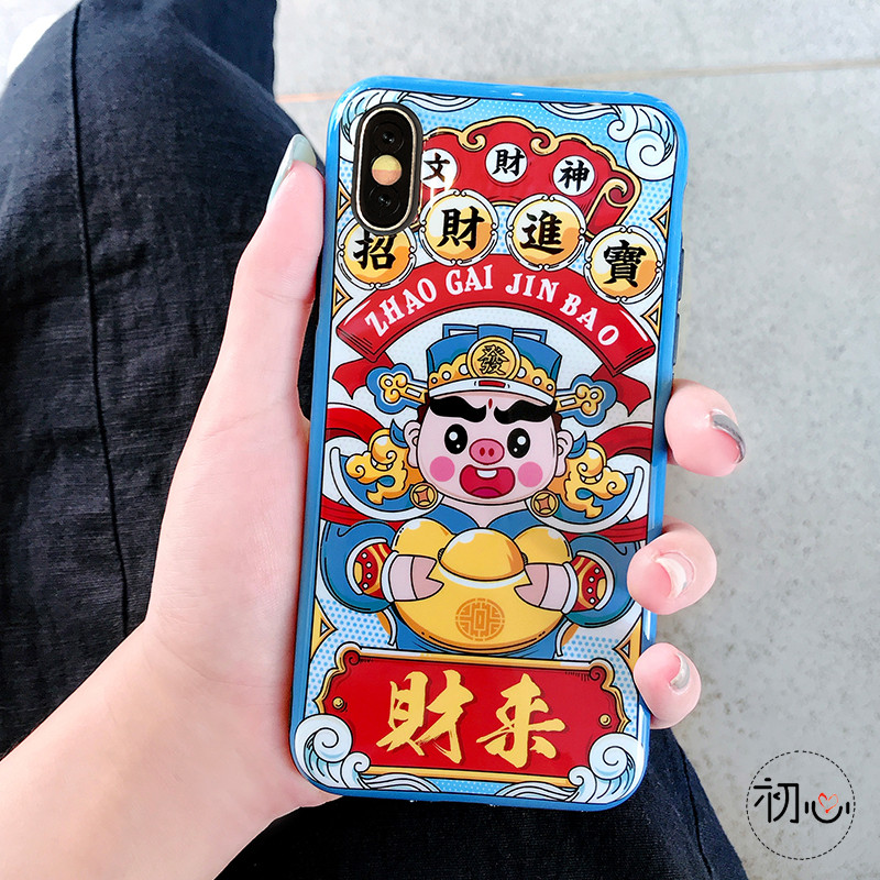 猪年卡通财神爷XS苹果7plus手机壳iPhoneXmax可爱创意X软壳8p女6s 苹果7/8小屏蓝底Q版财神爷财来招财进宝IMD软壳