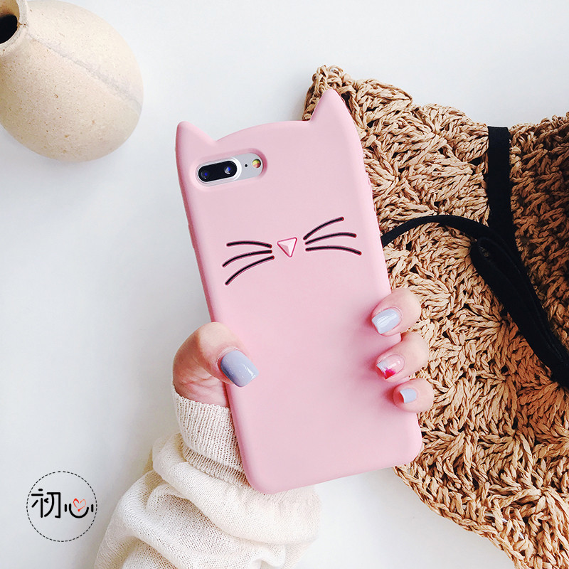 可爱卡通趴趴黑猫咪iPhoneX手机壳XS硅胶8p苹果7plus立体软壳6s女 6plus(大屏)粉色磨砂猫-硅胶