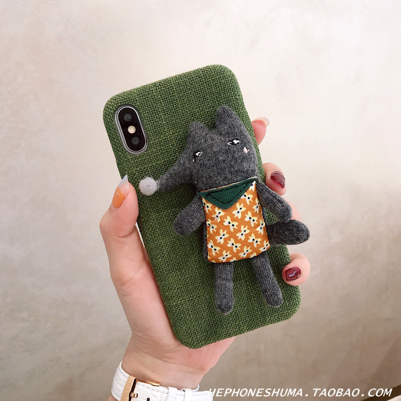 韩风立体布艺小狐狸公仔6splus苹果x手机壳iPhone7/8plus棉麻软壳_1 7/8PLUS绿色棉麻小狐狸