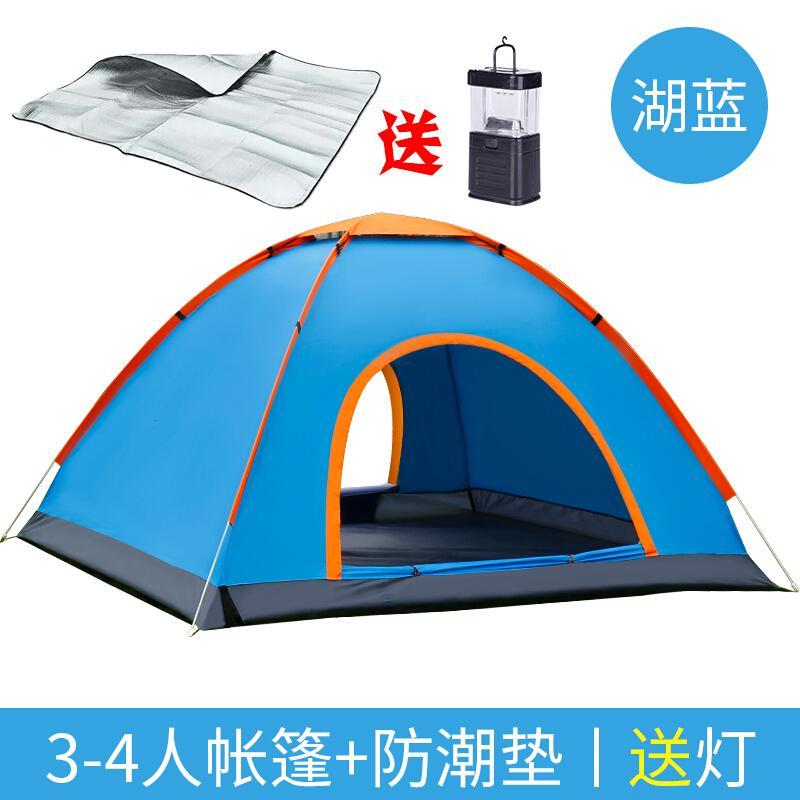 户外1-2人单人双人防雨超轻全自动帐篷野营露营钓鱼旅游速开3-4人湖蓝防潮垫送灯_4 3-4人湖蓝防潮垫送灯