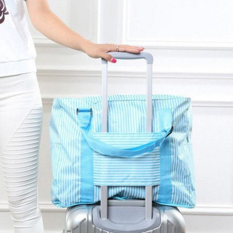 可折叠旅行袋大容量女手提收纳袋短途旅游出差行李包轻便套拉杆箱_1 绿色条纹