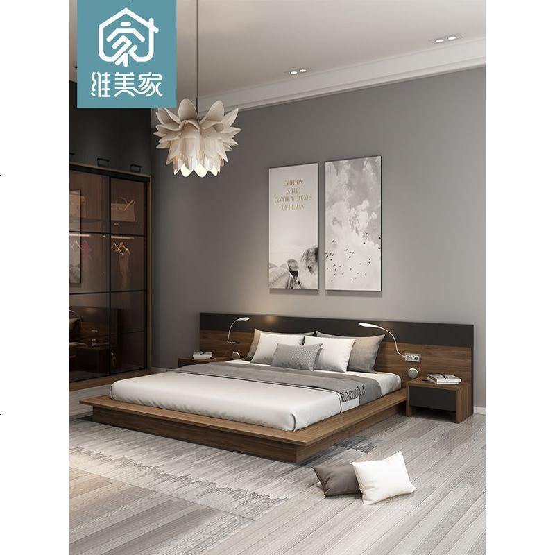 维美家 北欧榻榻米板式双人床1.8米床现代简约日式主卧储物床 1800mm*2000mm_床+床头柜X2+乳胶床垫(16