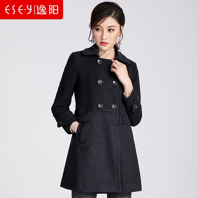 2018秋装季新款中长款收腰羊毛双排扣呢子女大衣0832 M 黑灰色