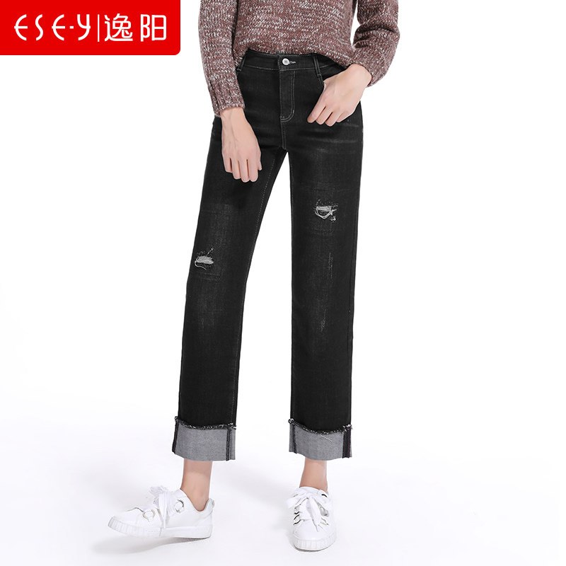 2018新款加绒挽边补丁宽松直筒长裤阔腿韩版牛仔女裤子2274 34/21 黑灰色