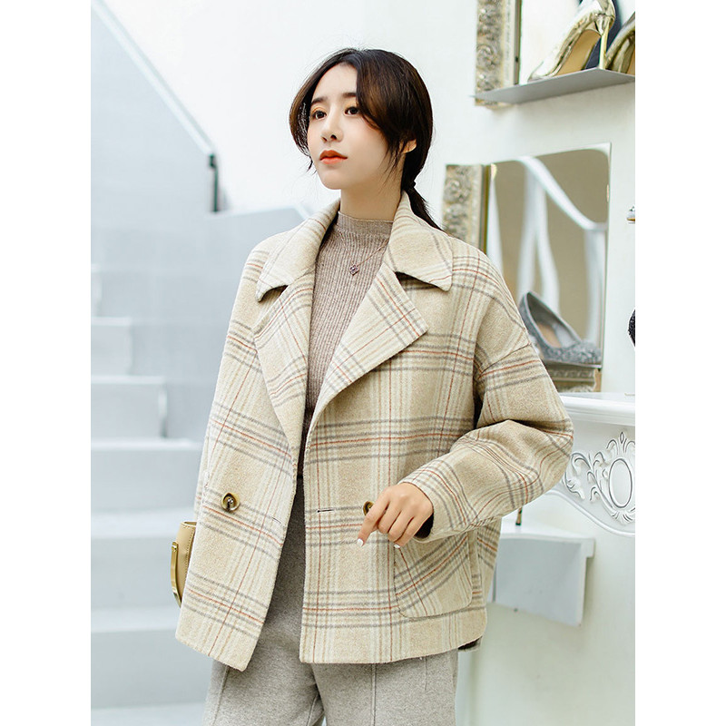 萝娜公主(LUONAGONGZHU)2018秋冬韩版宽松显瘦格子短款女式外套大衣 S 米色格子