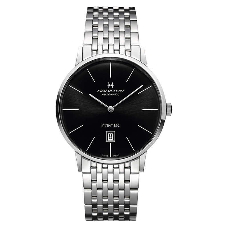 汉米尔顿(HAMILTON) 臻薄系列2018男士时尚休闲商务机械瑞士手表 钢表带黑表盘 H38755131 黑色