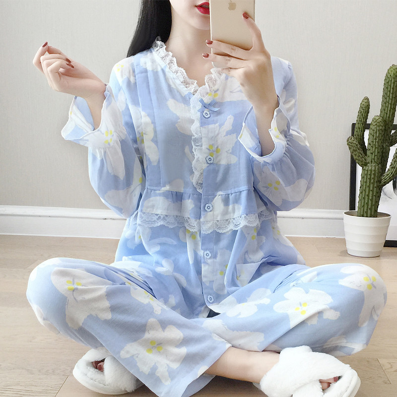 春夏季纯棉纱布月子服产后薄款喂奶衣大码孕妇哺乳睡衣家居服套装 L 蓝色