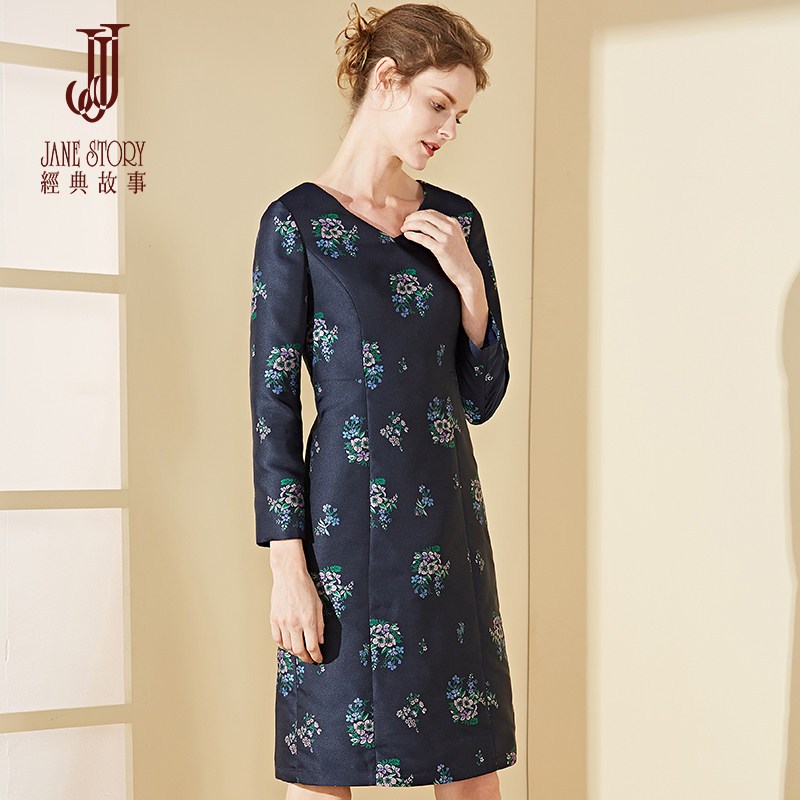 经典故事冬季2018新款V领九分袖印花连衣裙女通勤修身优雅礼服裙 165/88A/L M53藏蓝色