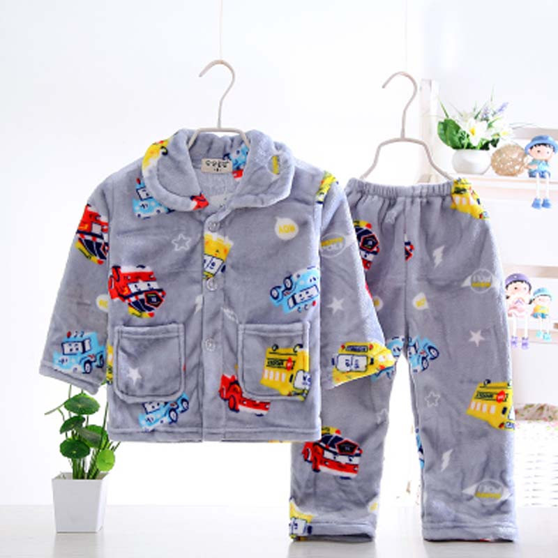 春秋儿童睡衣法兰绒冬季女童男童装家居服宝宝小孩保暖套装简约清新儿童家居服 16号130CM 深灰色-L53灰汽车