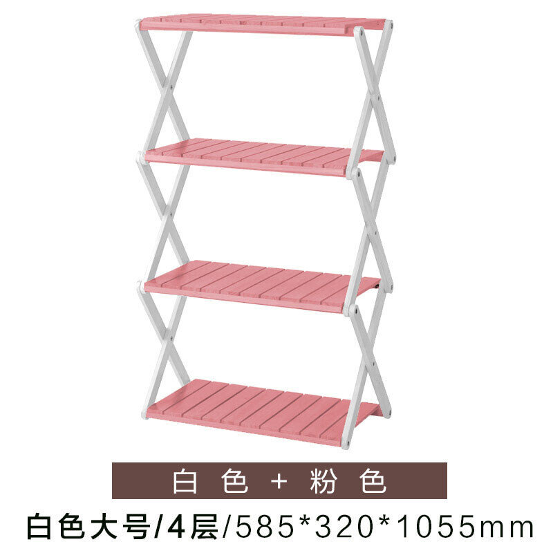 置物架卧室实木玄关储物多层花架客厅落地层架阳台墙角收纳架_38 (白色+粉色)大号四层