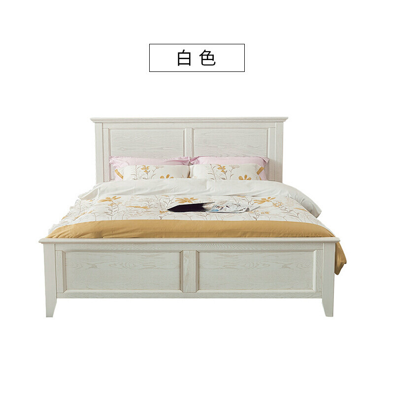美式乡村白色双人床1.5米简风格卧室实木床家具婚床背靠床1.8米白蜡木平头床﹛胡桃色﹜ 白蜡木平头床﹛白色﹜