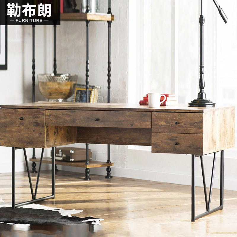 loft复古铁艺电脑办公桌带抽屉美式乡村实木书桌家用多功能工作台_701_311 180*60*75