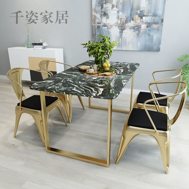 北欧大理石餐桌长方形实木铁艺金色餐桌椅组合现代简约奶茶咖啡桌_782_526 140*70*75桌面大理石