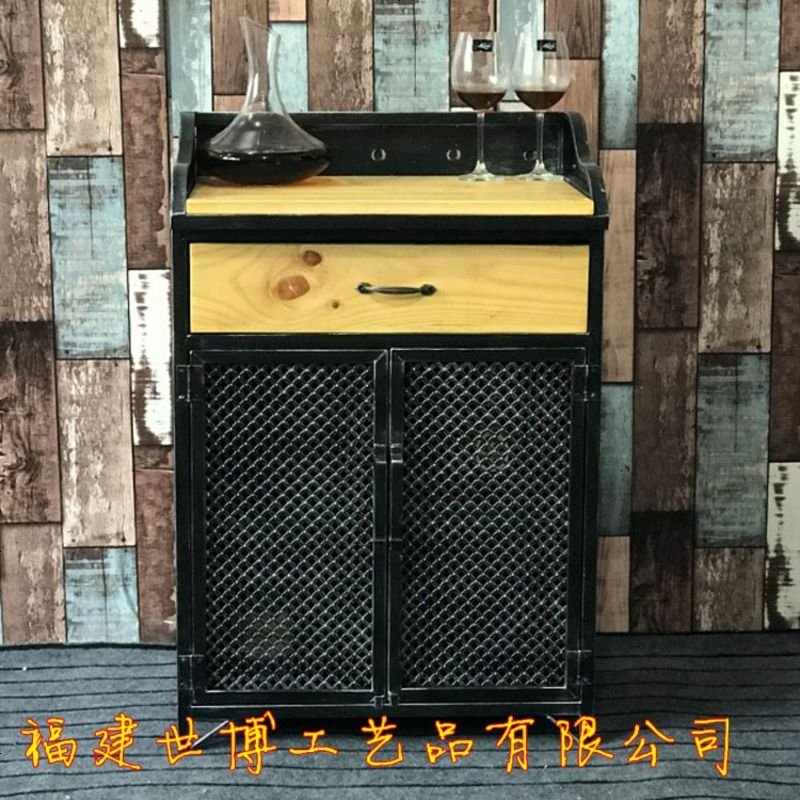 工业风复古实木铁艺餐边柜 做旧酒吧餐厅酒柜 茶水柜碗柜 备餐柜_897_13 60长*40*90高（对开网_）_单_