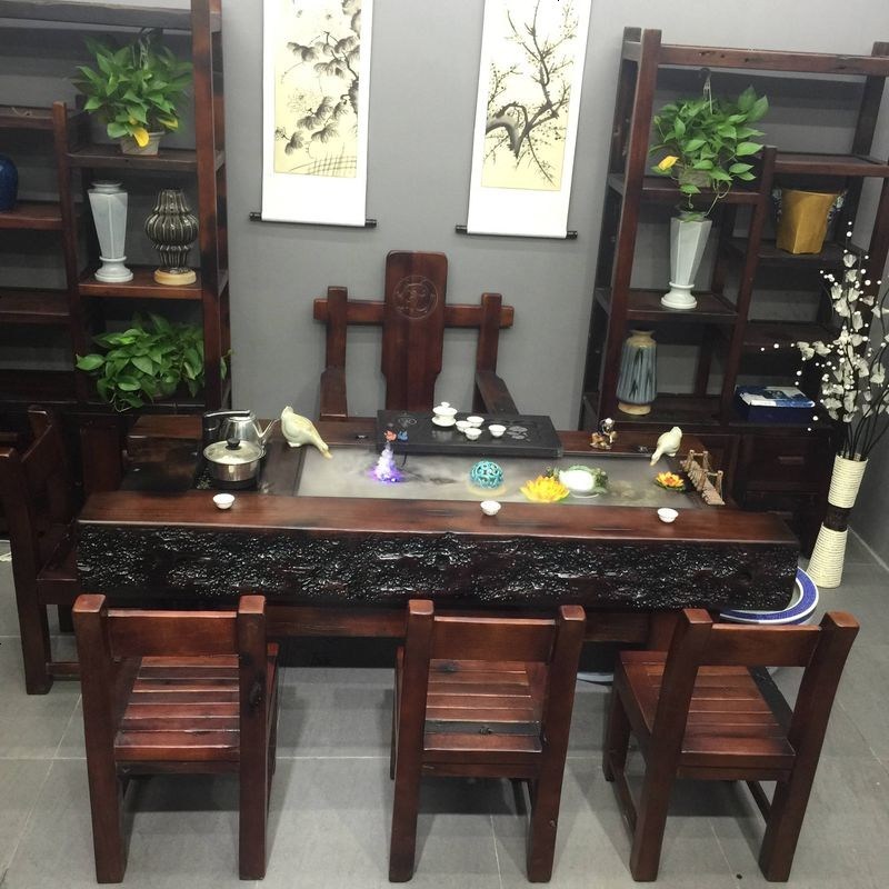老船木茶桌椅组合流水茶台养鱼循环茶艺桌茶台实木家具功夫茶桌 整装_2米龙骨茶台+4客椅+1雕龙主椅