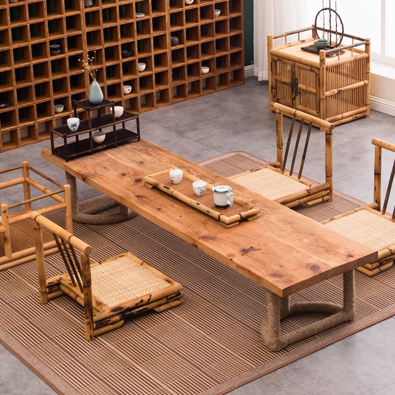 新品 老木板日式榻榻米 茶几茶桌椅炕几炕桌飘窗桌矮桌子做旧包邮_890_601 180*50*30桌一桌四椅_整装