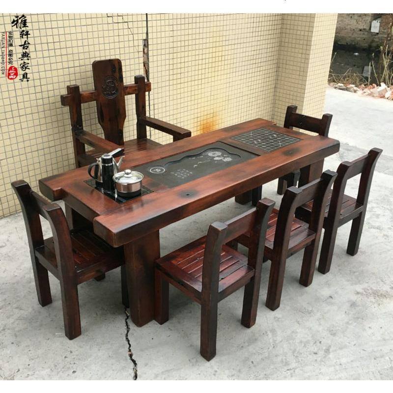 老船木茶桌椅组合实木复古家具客厅阳台泡茶桌小茶几茶台茶艺桌_376_354 整装_2.4米茶桌+6靠背椅+主人椅