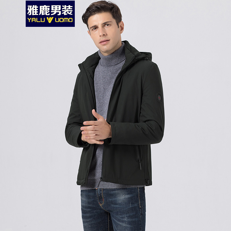 雅鹿男装羽绒服男短款冬季青年连帽外套时尚保暖上衣S39EDYA18085 170/M 军绿