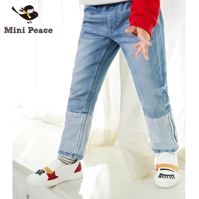 minipeace女童针织牛仔裤洋气儿童质感浅色直筒长裤春秋舒适秋装_1 140cm 牛仔蓝
