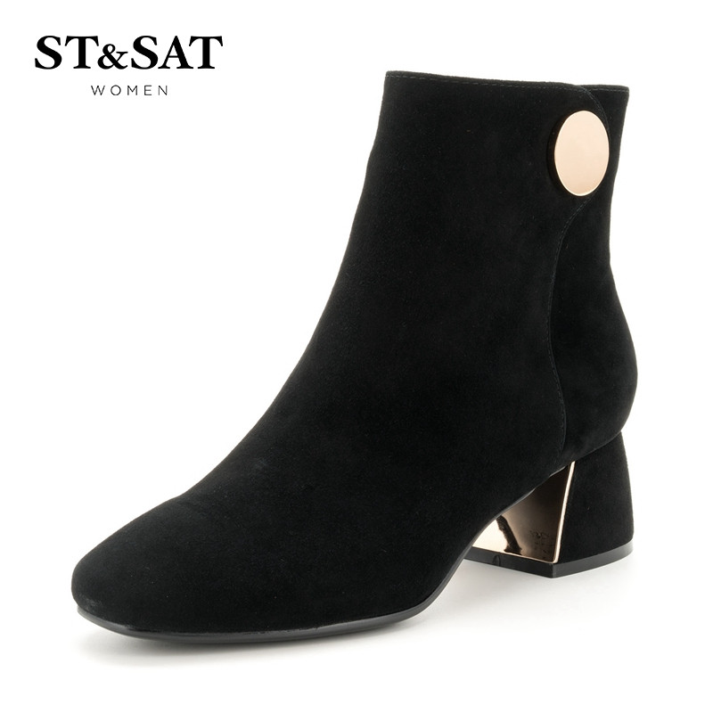 星期六(ST&SAT)绒面羊皮革金属装饰圆头中跟粗跟时尚短靴女SS84116614 黑色 37码
