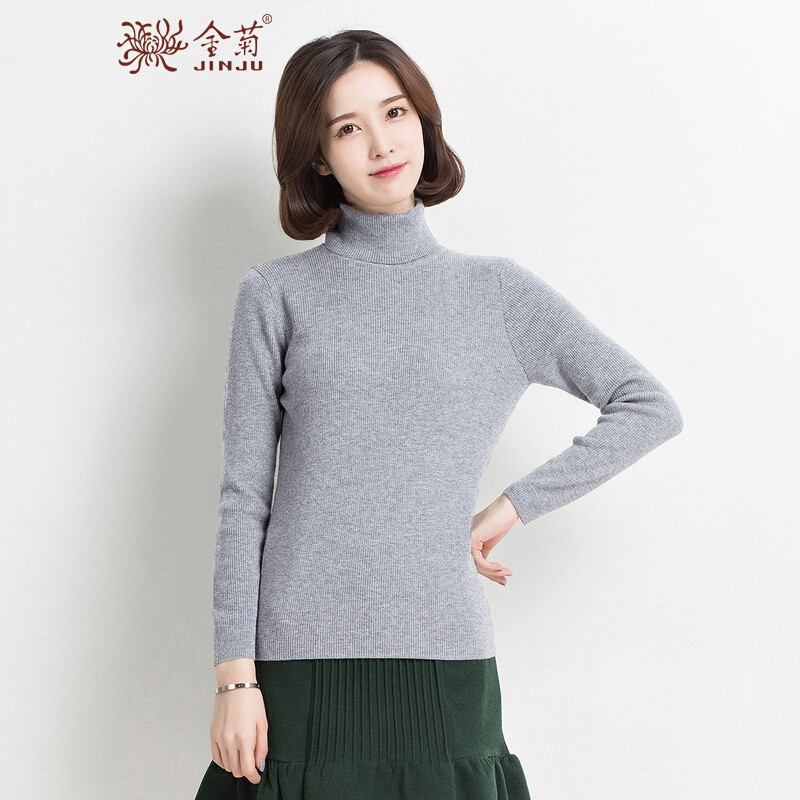 金菊女装2018冬季新款纯羊毛毛衣女士两翻领羊毛衫长袖高领毛衣修身显瘦套头毛衣女 100/L 烟灰