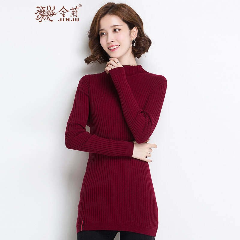 金菊女装冬季新款纯羊毛毛衣女士半高领毛衣女套头中长款修身显瘦针织打底羊毛衫 酱紫红 105/XL
