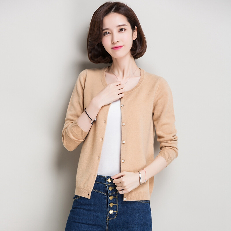 金菊女装2018秋冬新款女士纯羊毛毛衣圆领长袖开衫时尚百搭短外套女 95/M 卡其
