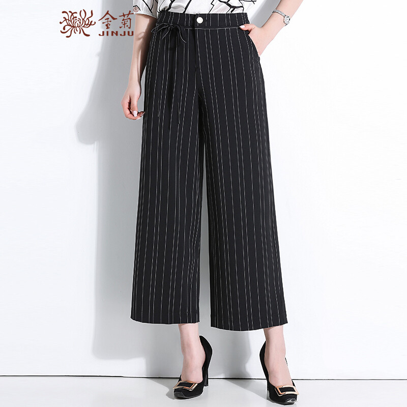 金菊女装新款韩版宽松显瘦休闲裤女时尚百搭阔腿裤女士直筒九分裤 30码 条纹