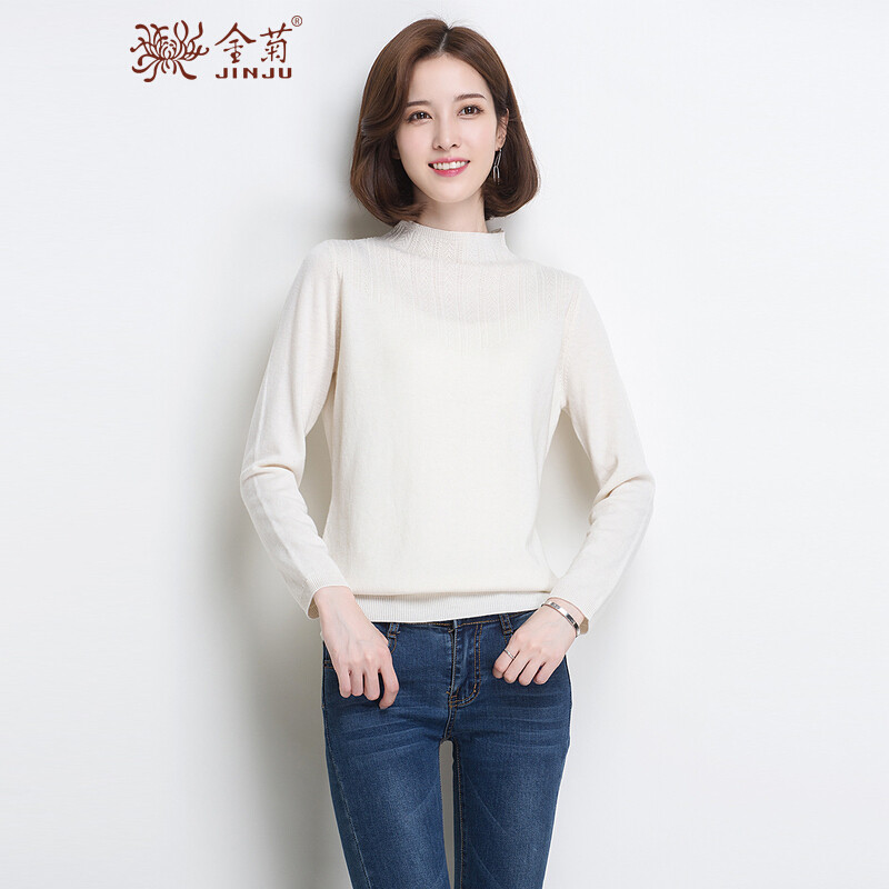 金菊2018秋冬新款女士毛衣半高圆领针织衫女纯羊毛毛衣长袖打底衫女款套头羊毛衫_1 奶白 XL