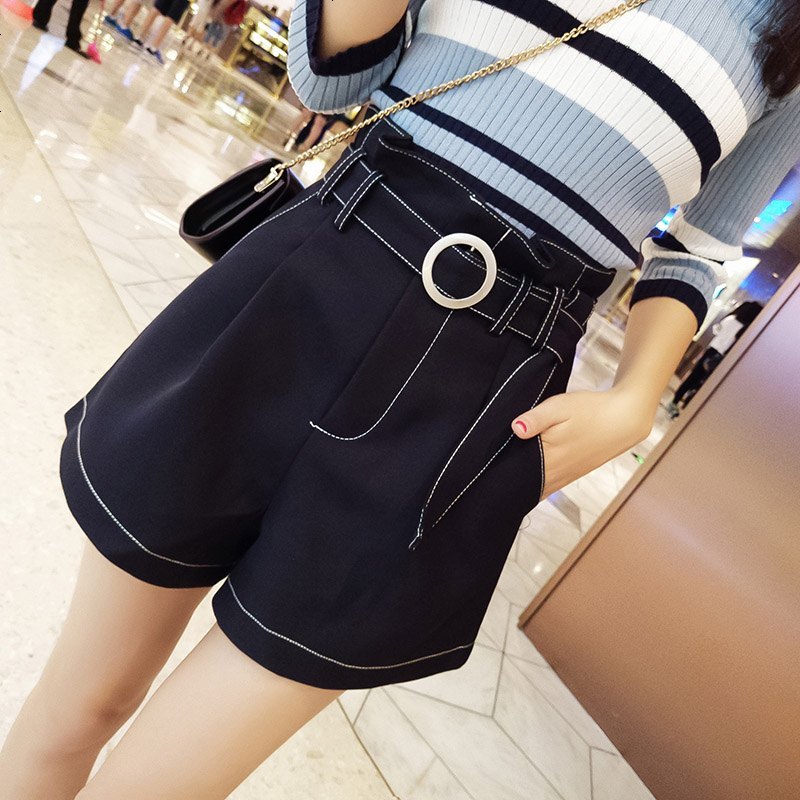 谜秀休闲裤女2018秋装新款韩版高腰修身百搭甜美短裤阔腿裤女装_524_885 L 卡其