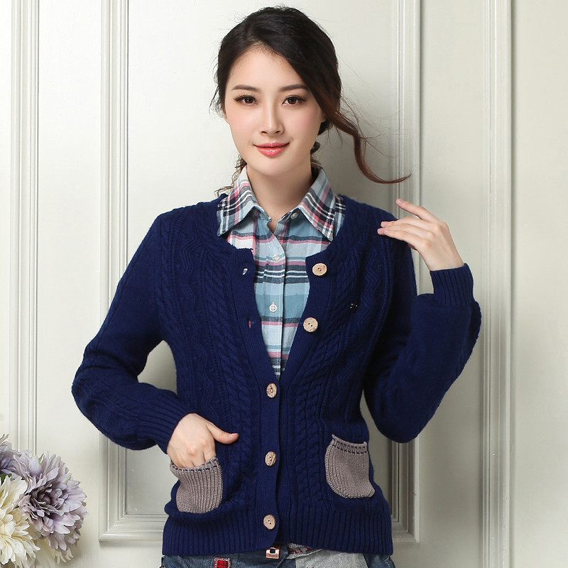 法兰貂秋冬季新款羊绒衫女装圆领修身麻花开衫韩版BF1137/00600 主图蓝色 XXL