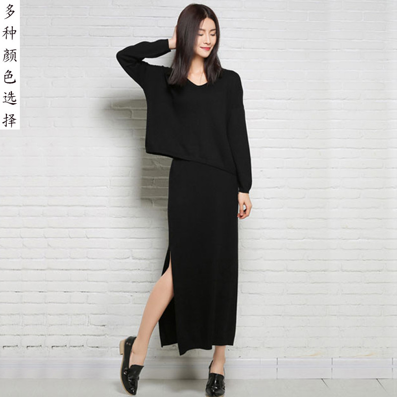 法兰貂 两件套 秋冬女V领宽松长款过膝打底高腰裙套装长裙BF1167/00800 驼色 均码