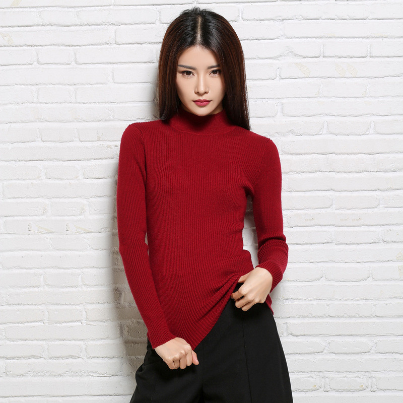 法兰貂秋冬新款女式羊绒衫半高领修身打底衫时尚针织衫BF1198/00800 酒红色 XL