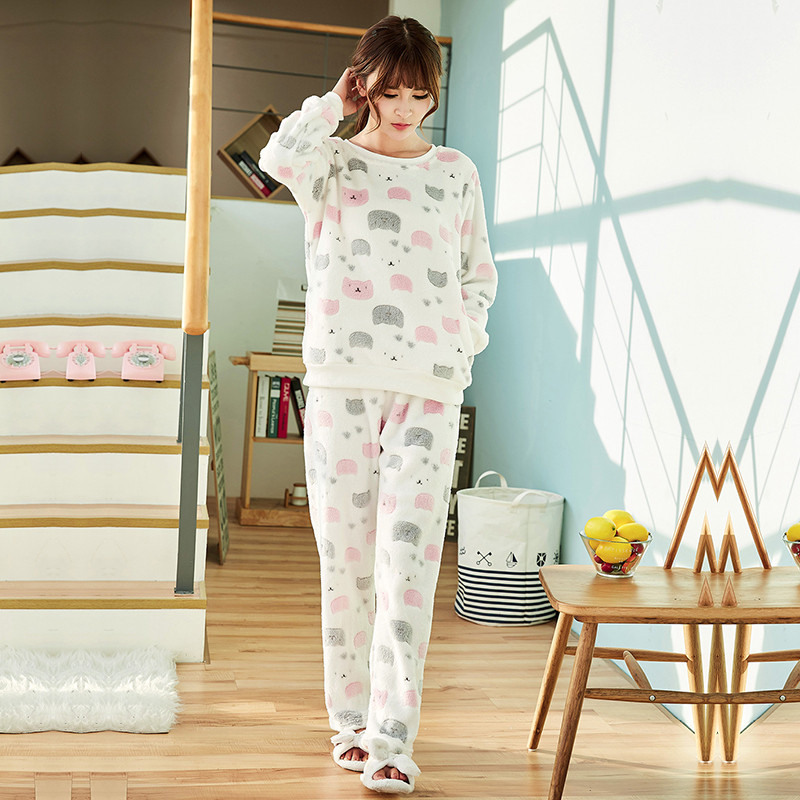 莫代尔 女士冬季保暖家居服白底猫咪绒家居服套装 白色猫咪 XL