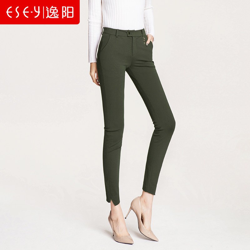 逸阳女裤秋季新款休闲裤通勤修身铅笔裤子女黑色气质九分裤 26/7 墨绿色