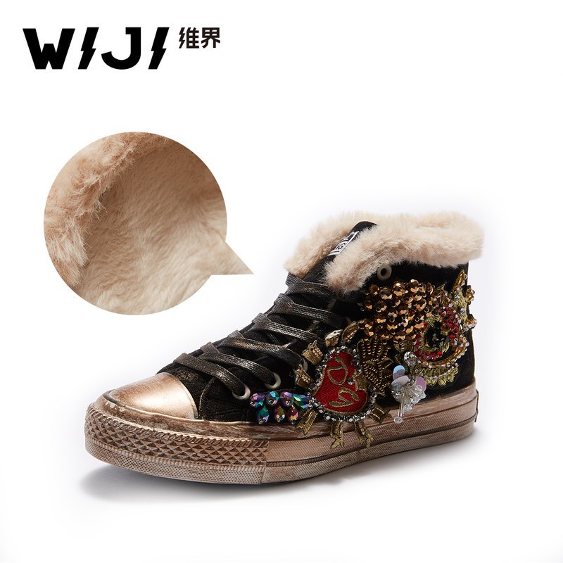WIJI冬季新款加绒保暖高帮帆布鞋休闲舒适个性潮流青春靓丽女鞋女_1 黑色 37