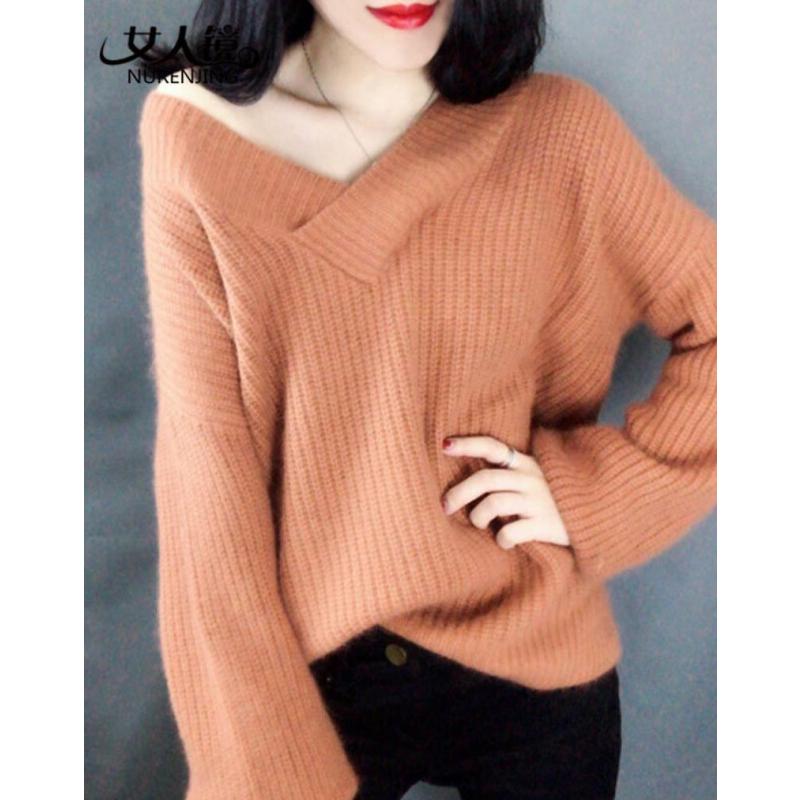 自营 法兰貂羊绒衫灯笼袖女人镜2018秋冬新品毛衣女套头 焦糖色 XL