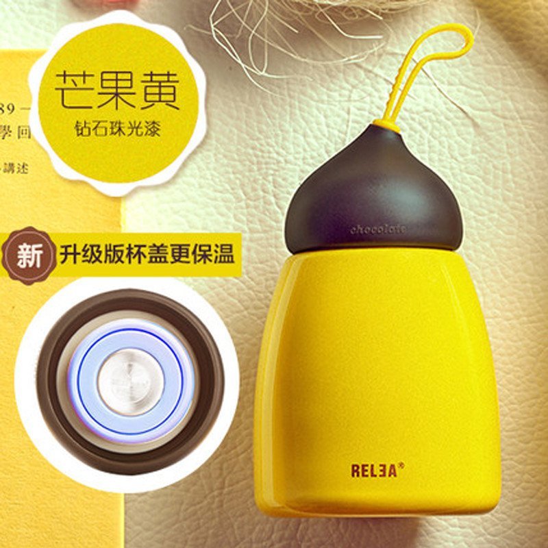 物生物(RELEA)保温杯女便携男学生儿童不锈钢壶焖烧壶定制可爱小杯子 芒果黄