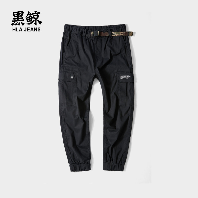 黑鲸HLAJEANS腰间织带扣工装裤2019春季多口袋裤子男女同款海澜潮牌CKCAJ19034A 黑色34 180/88A