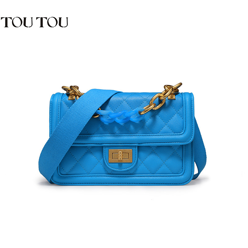 TOUTOU2019新款鱼子酱定制潮包ins网红渐变小香风宽肩带小方包 渐变蓝大版