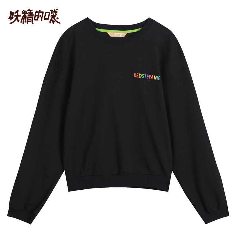 妖精的口袋春209新款女装字母套头cec卫衣韩版学生宽松长袖上衣 S 魔法黑色
