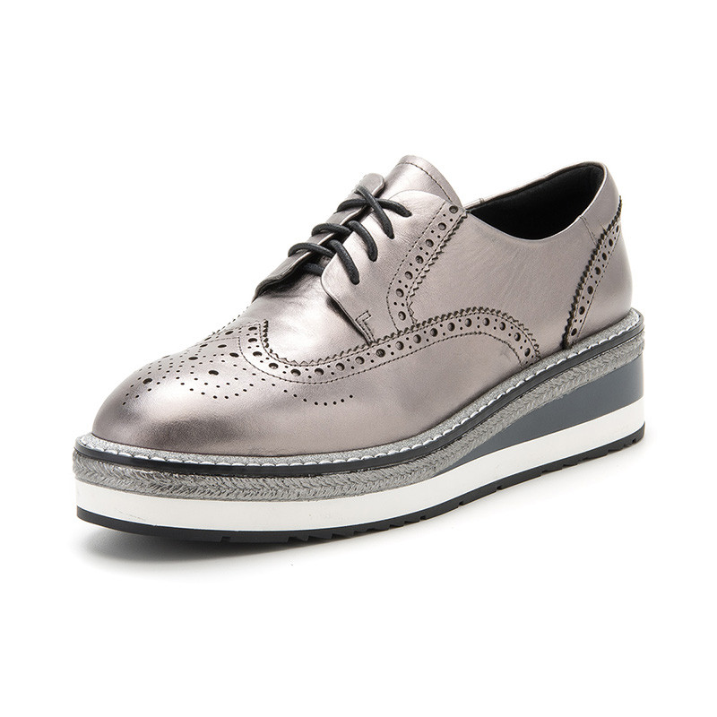 星期六(ST&SAT)2019年新品牛皮革交叉系带圆头中跟厚底休闲单鞋女SS91112107 银色 38码