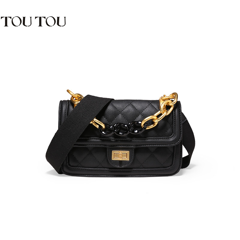 TOUTOU2019新款鱼子酱定制潮包ins网红渐变小香风宽肩带小方包 子夜黑小版