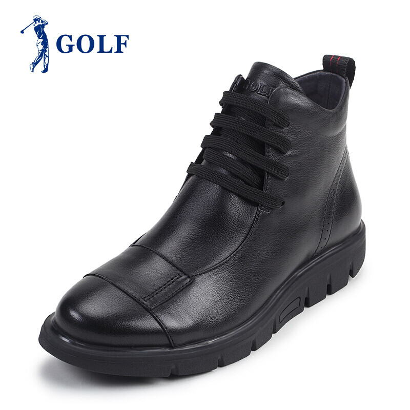 GOLF/高尔夫靴子男士英伦时尚牛仔靴潮流系带牛皮秋冬防滑保暖真皮休闲皮靴棉鞋男_1 黑色常规款 39