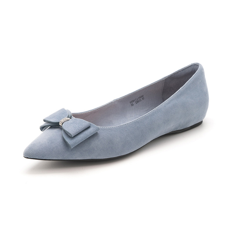 星期六(ST&SAT)2019年绒面羊皮革蝴蝶结尖头平底时尚单鞋女SS91111039 蓝色 39码