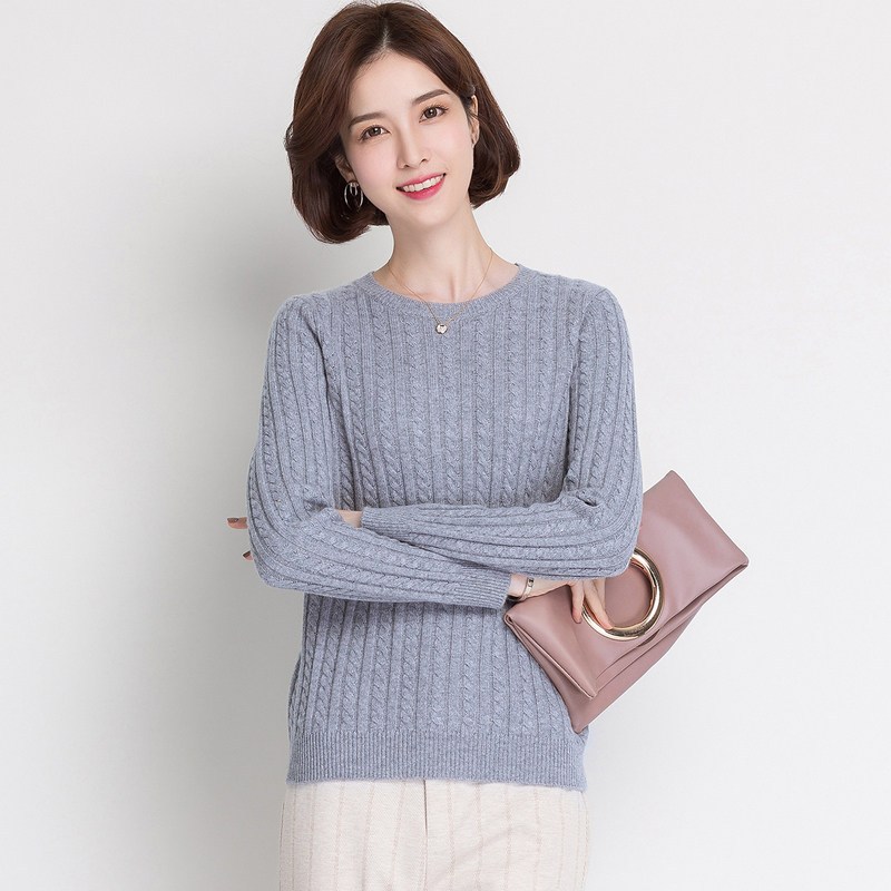 恒源祥圆领羊绒衫女装2019春秋季长袖麻花纯羊绒针织衫套头毛衣厚_1 170/92A 淡灰