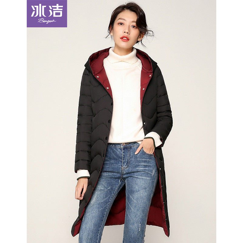 冰洁冬季轻薄羽绒服女2018新款时尚中长款白鸭绒潮外套女J80133022 155/80A 黑色8056